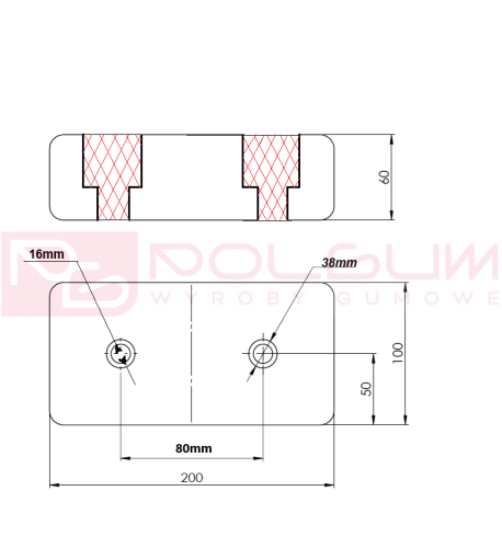 odbój, czarny, gumowy o wymiarach 200x100x60 mm z dwoma otworami przelotowymi do mocowania